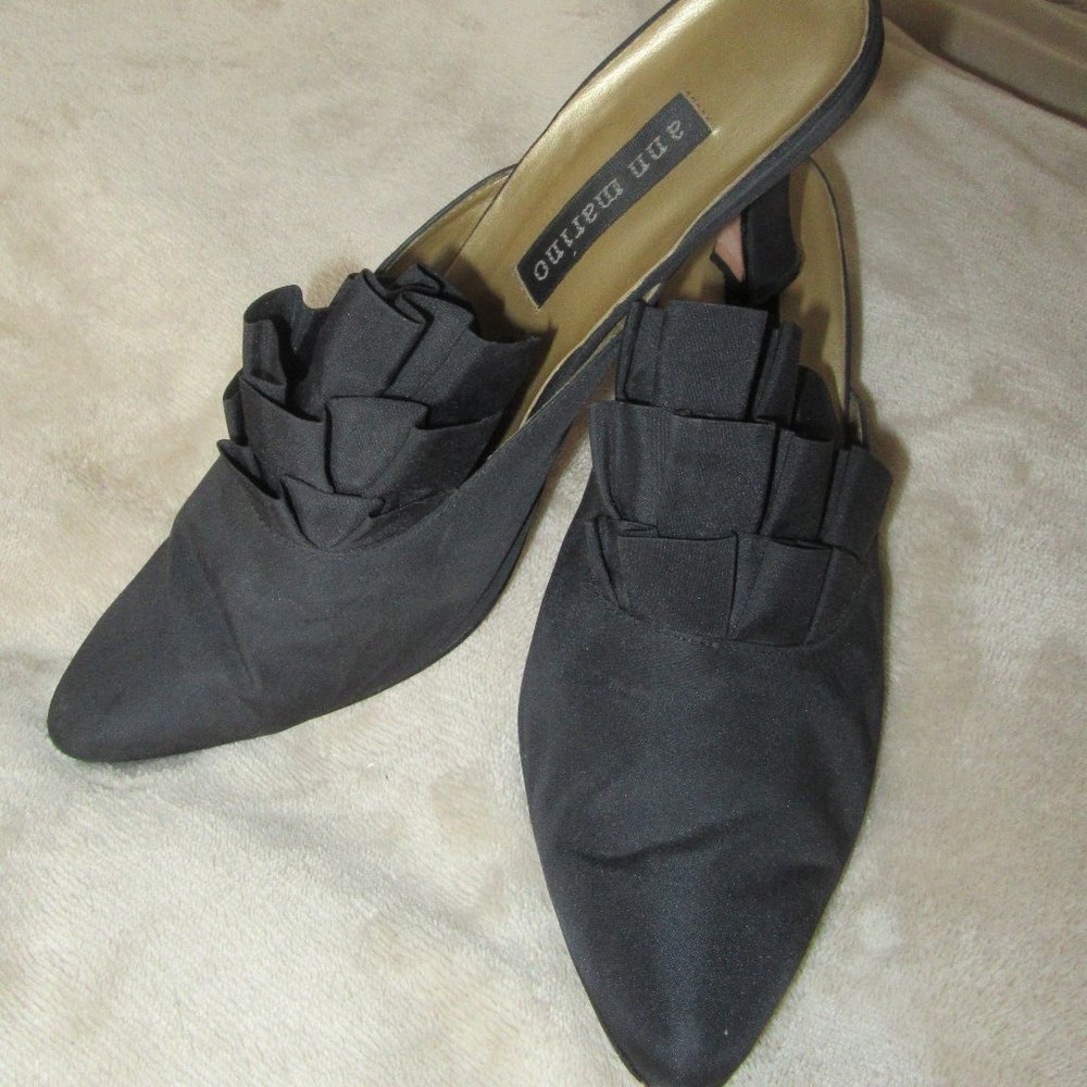 Black Taffeta Ana Marino Mules in Sz 6.5 w. Pleated Fabric Upper and Kitten Heel